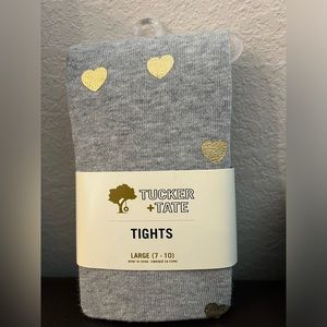 Tucker&Tate tights. Heather gray with gold metallic printed hearts. Size 7-10.